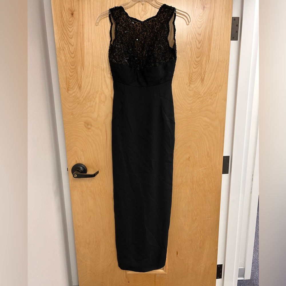 Niteline black beaded evening dress with open back and front slit size 4